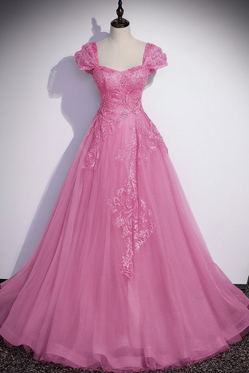 A Line Gray Prom Dress Tulle Sequin Long Formal Evening Dress