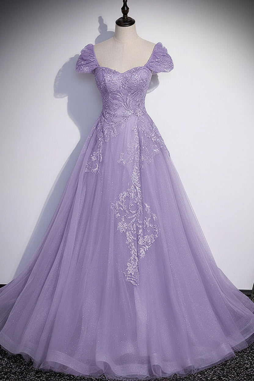 A Line Gray Prom Dress Tulle Sequin Long Formal Evening Dress