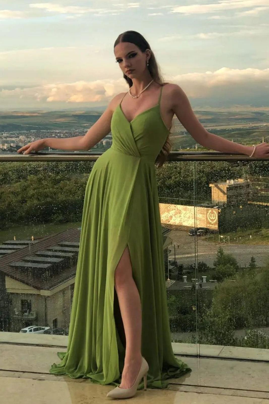 A Line Green Prom Dress Chiffon Long Evening Dress