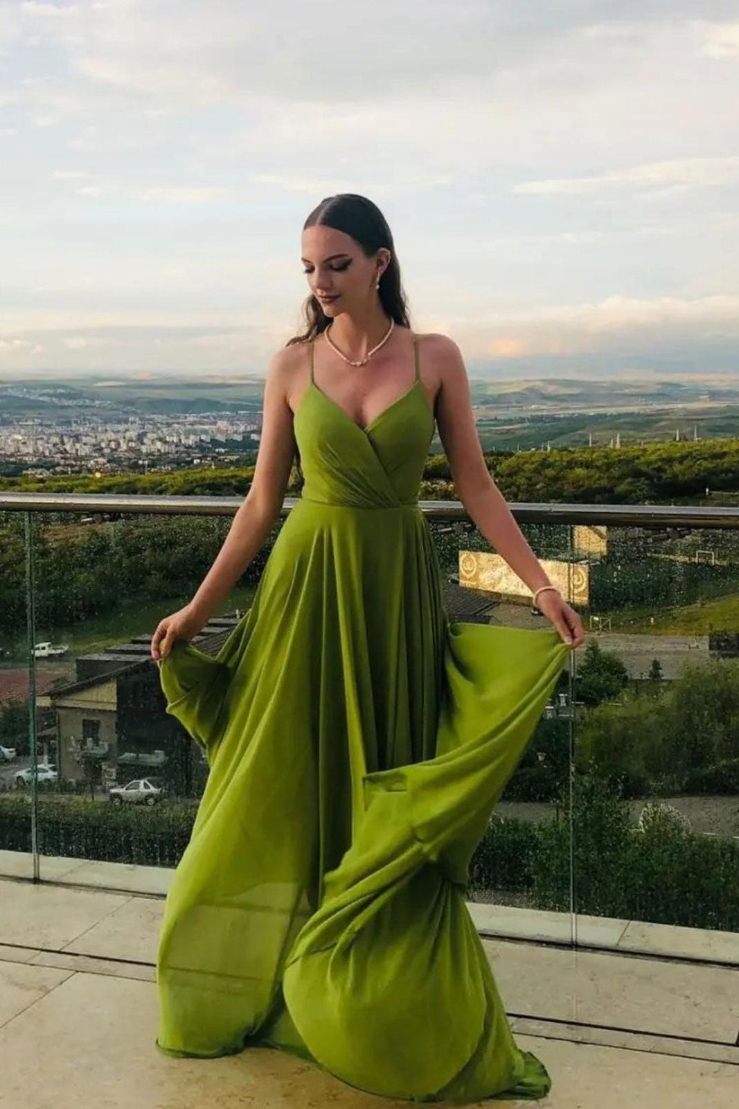 A Line Green Prom Dress Chiffon Long Evening Dress