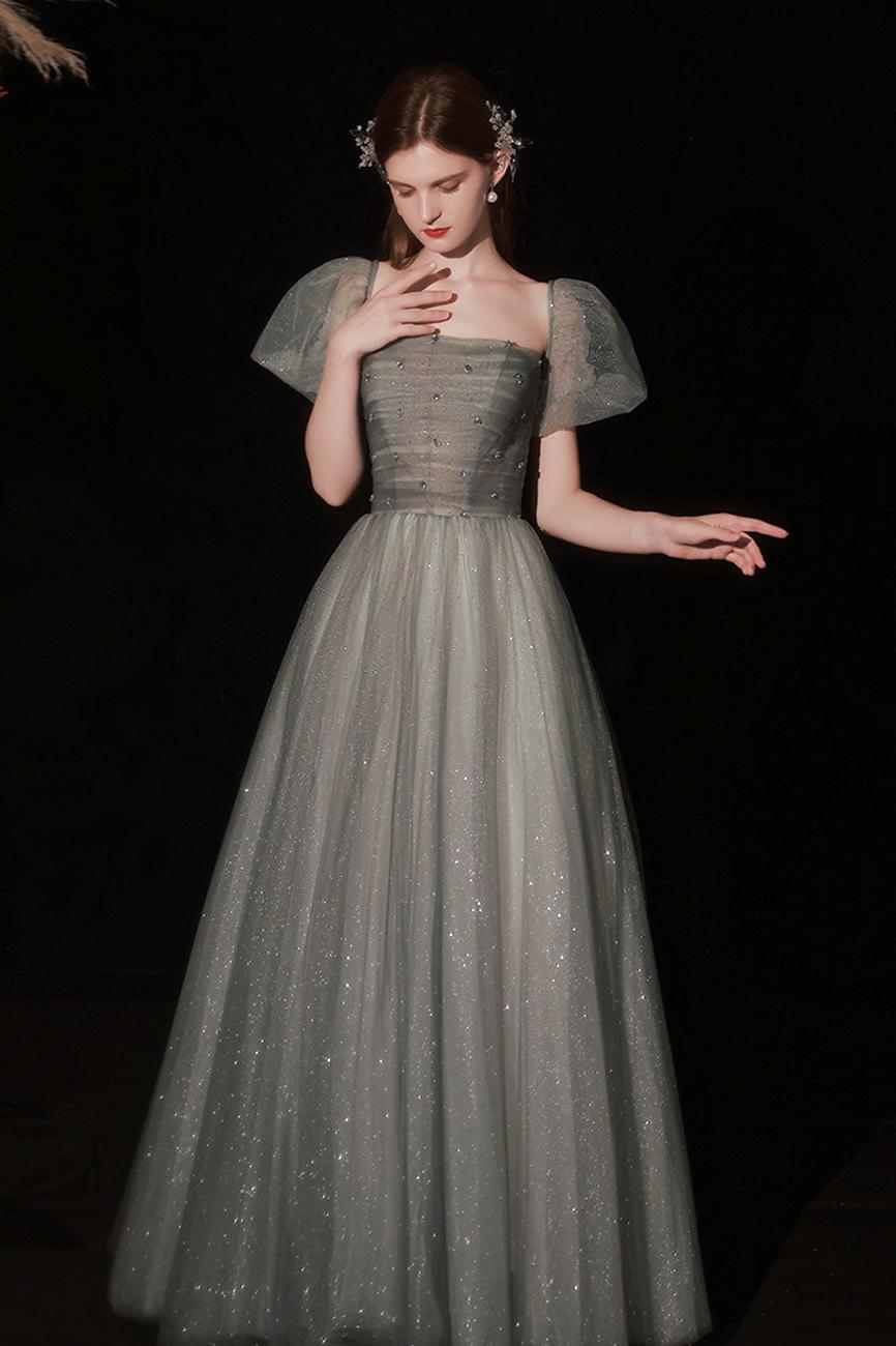 A Line Green Prom Dress Long Tulle Sequin Graduation Dress Evening Dress