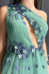 A Line Green Prom Dress One Shoulder Tulle Long Wedding Guest Dress with Flowers