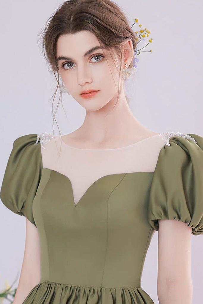 A Line Green Prom Dress Satin Tea Length Long Formal Dress Evening Dress