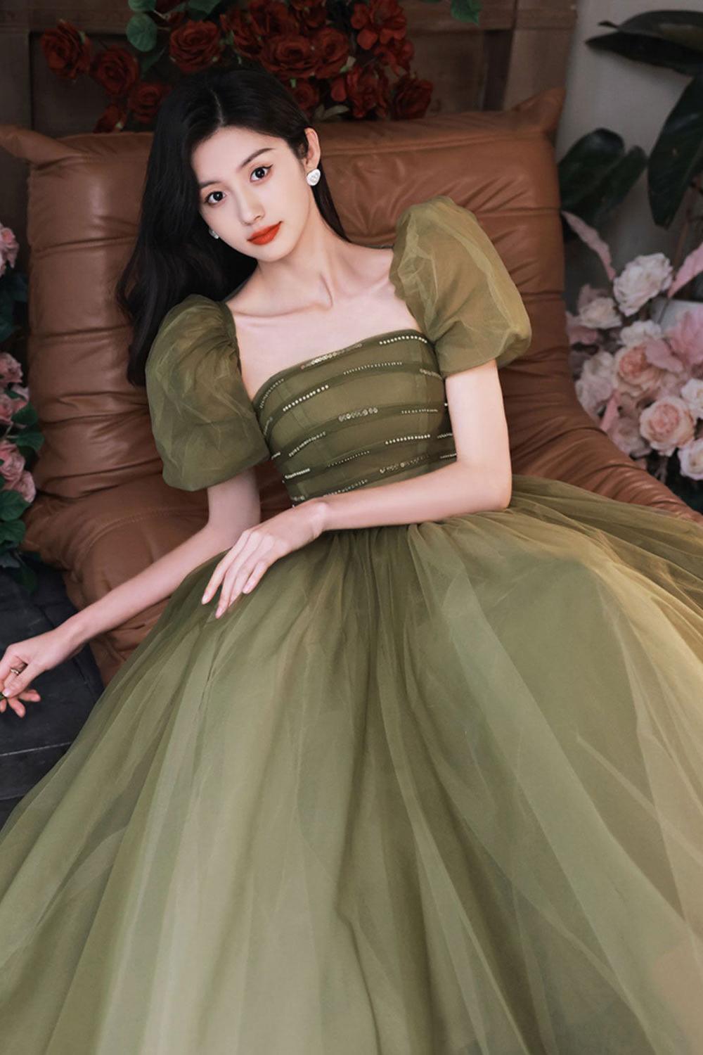 A Line Green Prom Dress Sequin Tulle Long Formal Party Dress Evening Dress