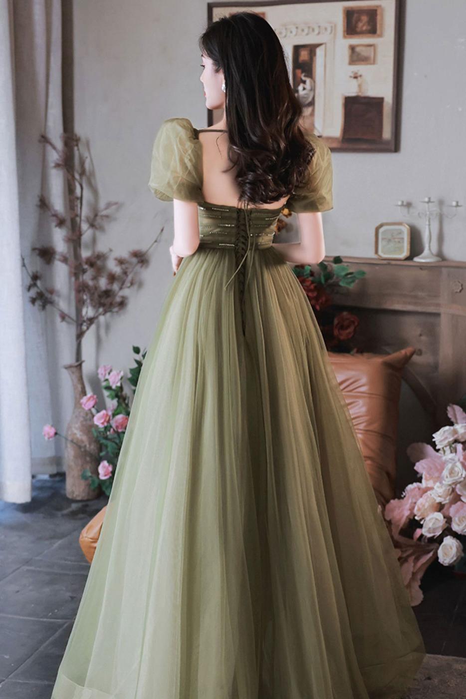 A Line Green Prom Dress Sequin Tulle Long Formal Party Dress Evening Dress