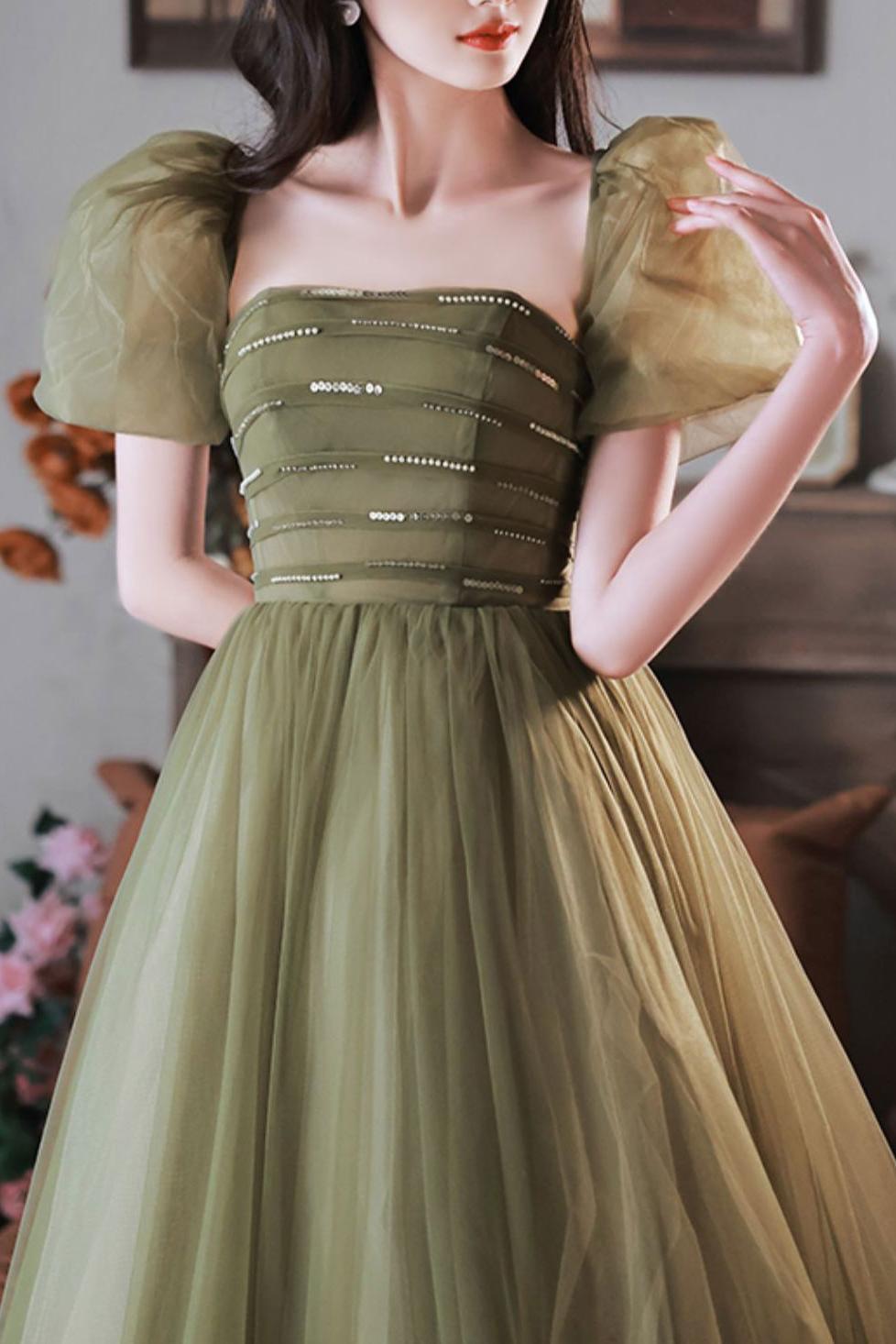A Line Green Prom Dress Sequin Tulle Long Formal Party Dress Evening Dress