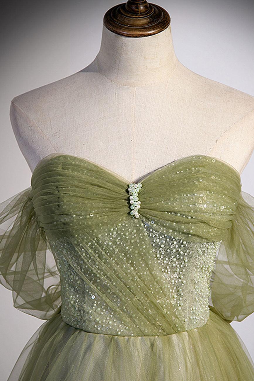 A Line Green Prom Dress Tulle Long Formal Evening Party Dress Evening Dress