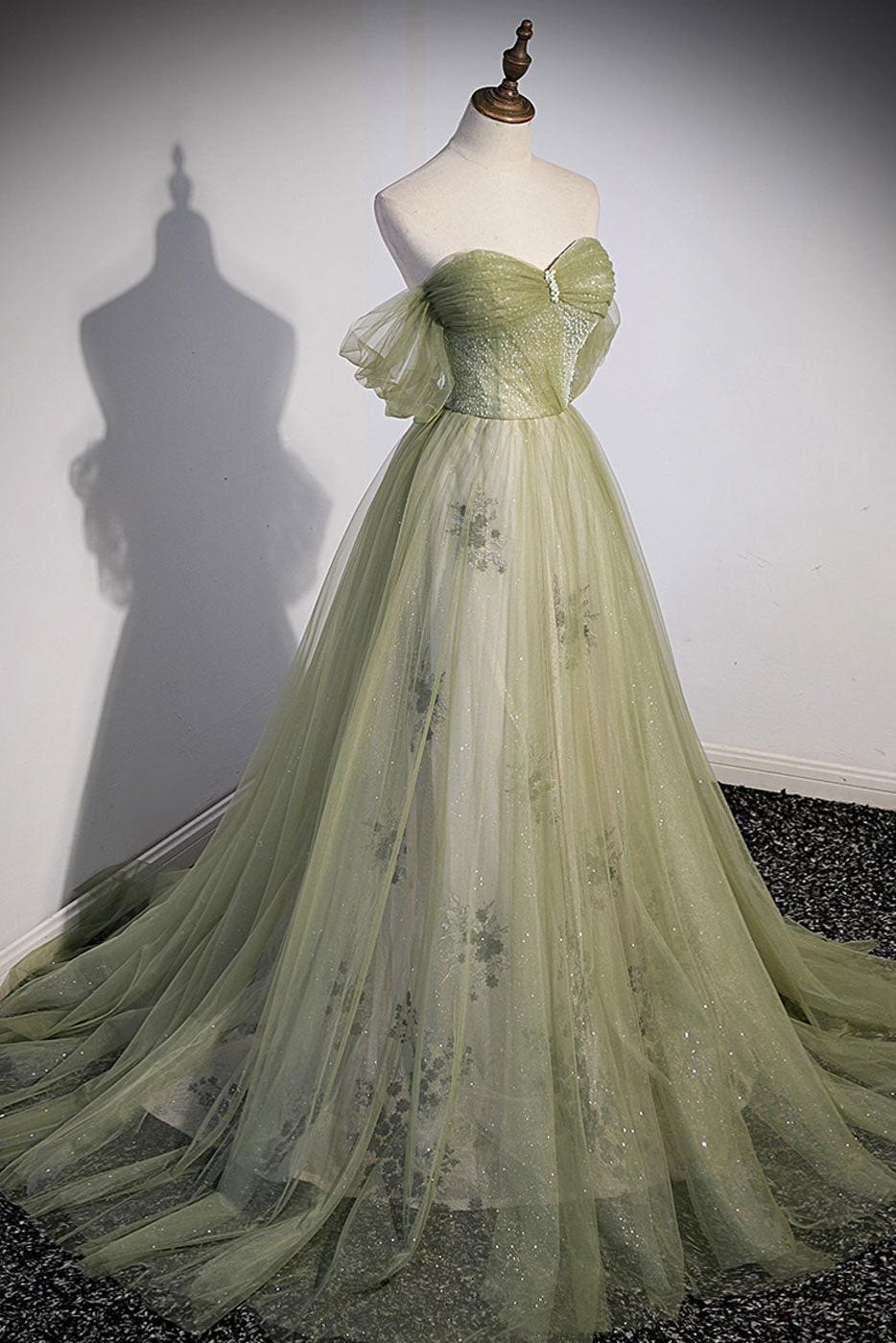 A Line Green Prom Dress Tulle Long Formal Evening Party Dress Evening Dress