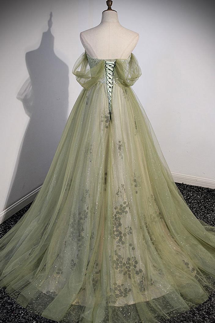 A Line Green Prom Dress Tulle Long Formal Evening Party Dress Evening Dress