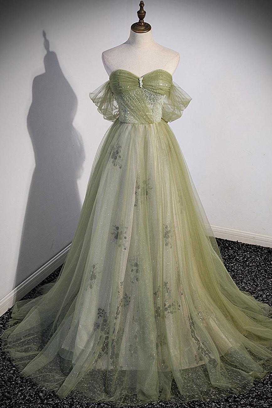 A Line Green Prom Dress Tulle Long Formal Evening Party Dress Evening Dress