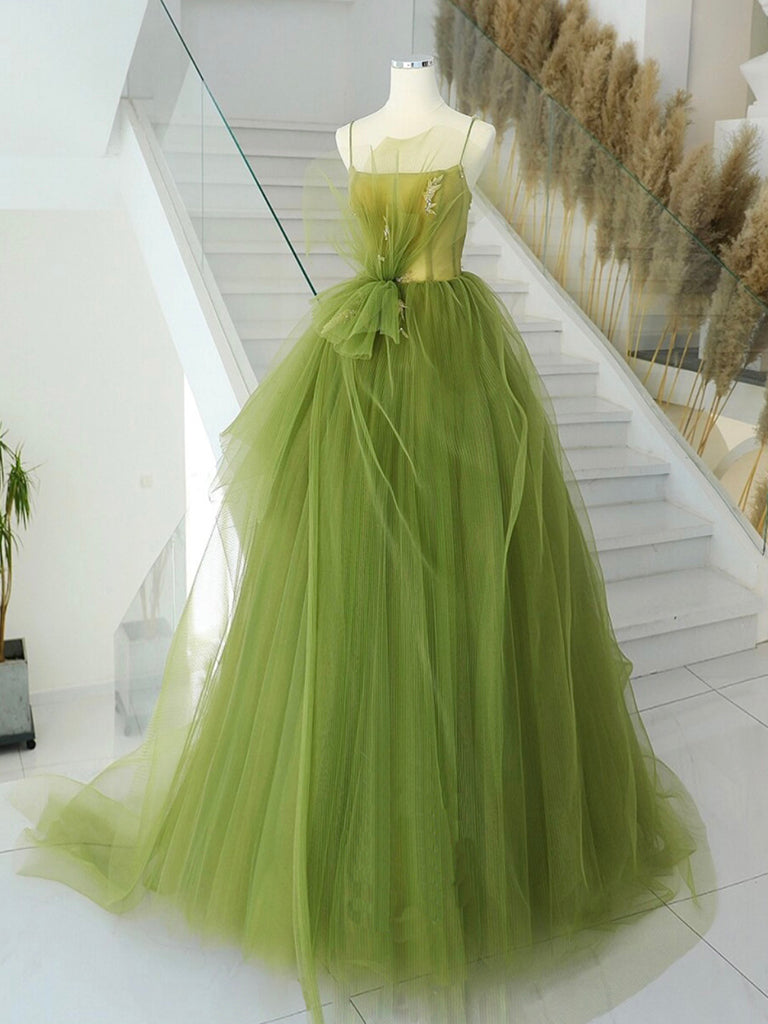 A Line Green Prom Dress Tulle Long Formal Gown Evening Dress