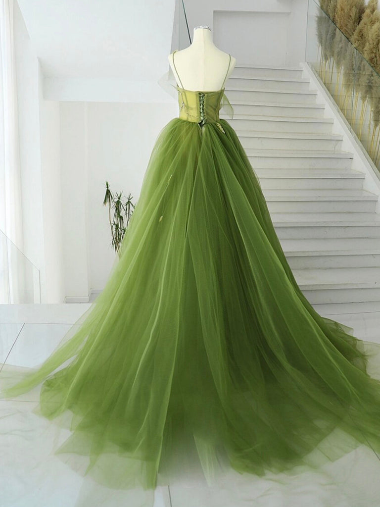 A Line Green Prom Dress Tulle Long Formal Gown Evening Dress