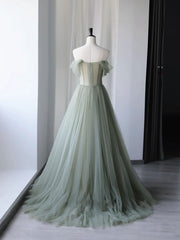A Line Green Prom Dress Tulle Long Sequin Formal Gown Evening Dress