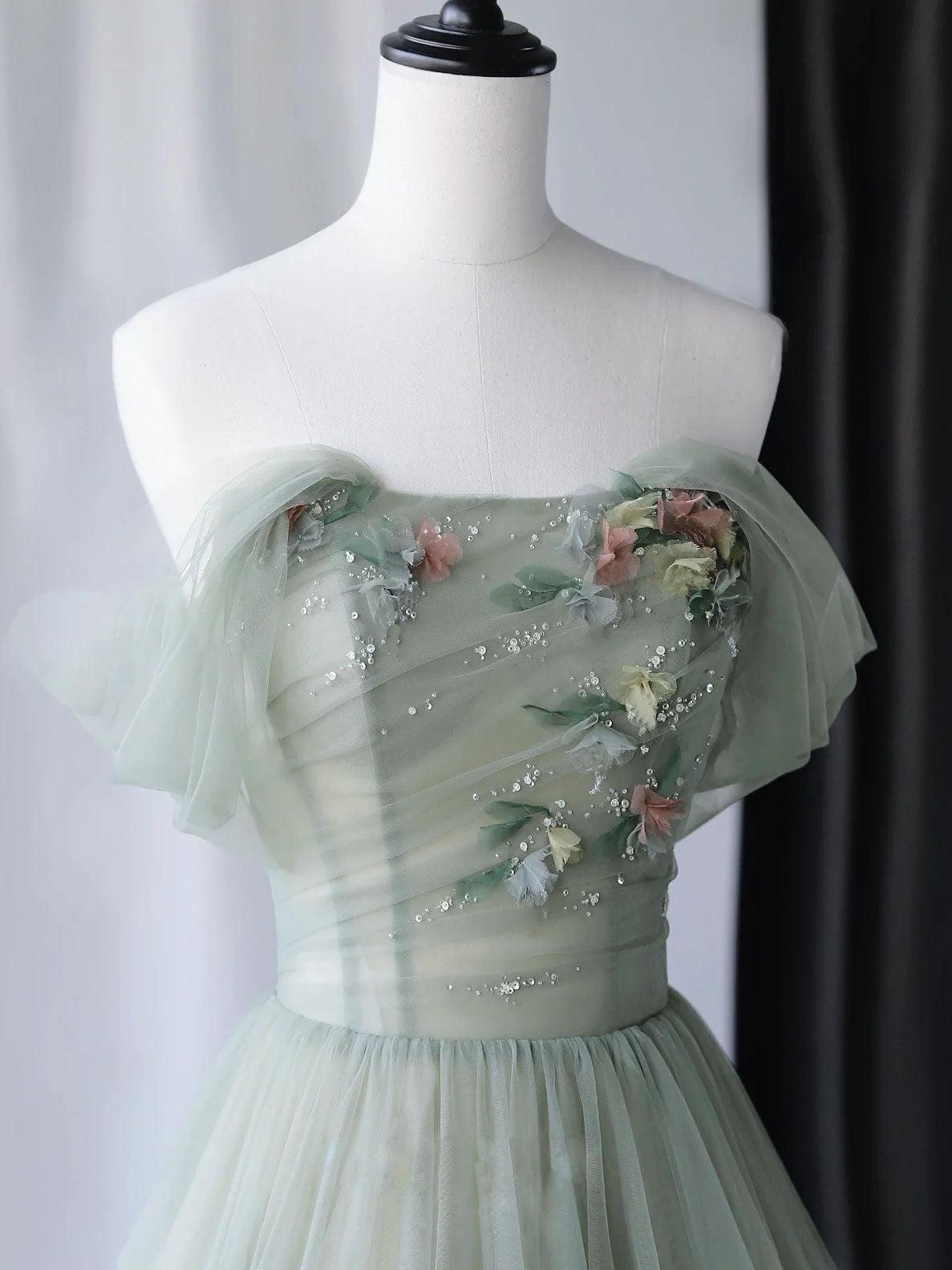 A Line Green Prom Dress Tulle Long Sequin Formal Gown Evening Dress