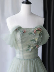 A Line Green Prom Dress Tulle Long Sequin Formal Gown Evening Dress