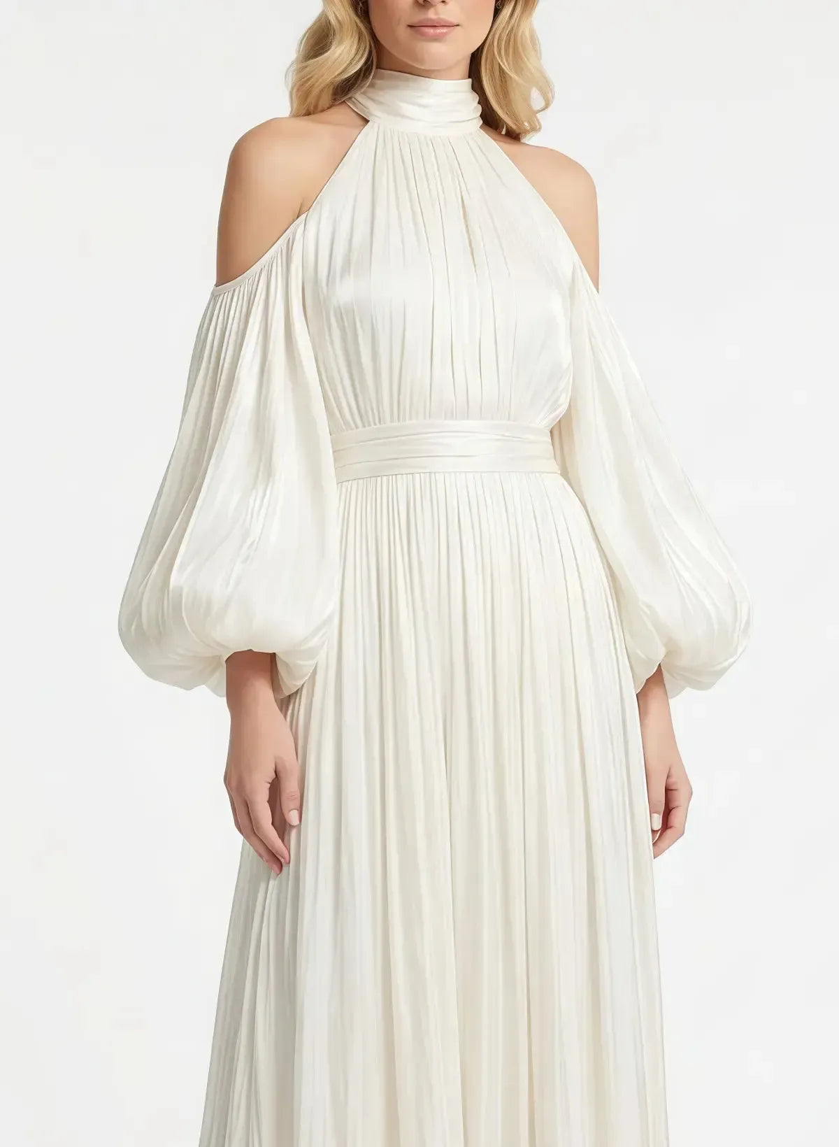A Line Halter Neck Long Sleeves Floor Length Wedding Dress with Pleats