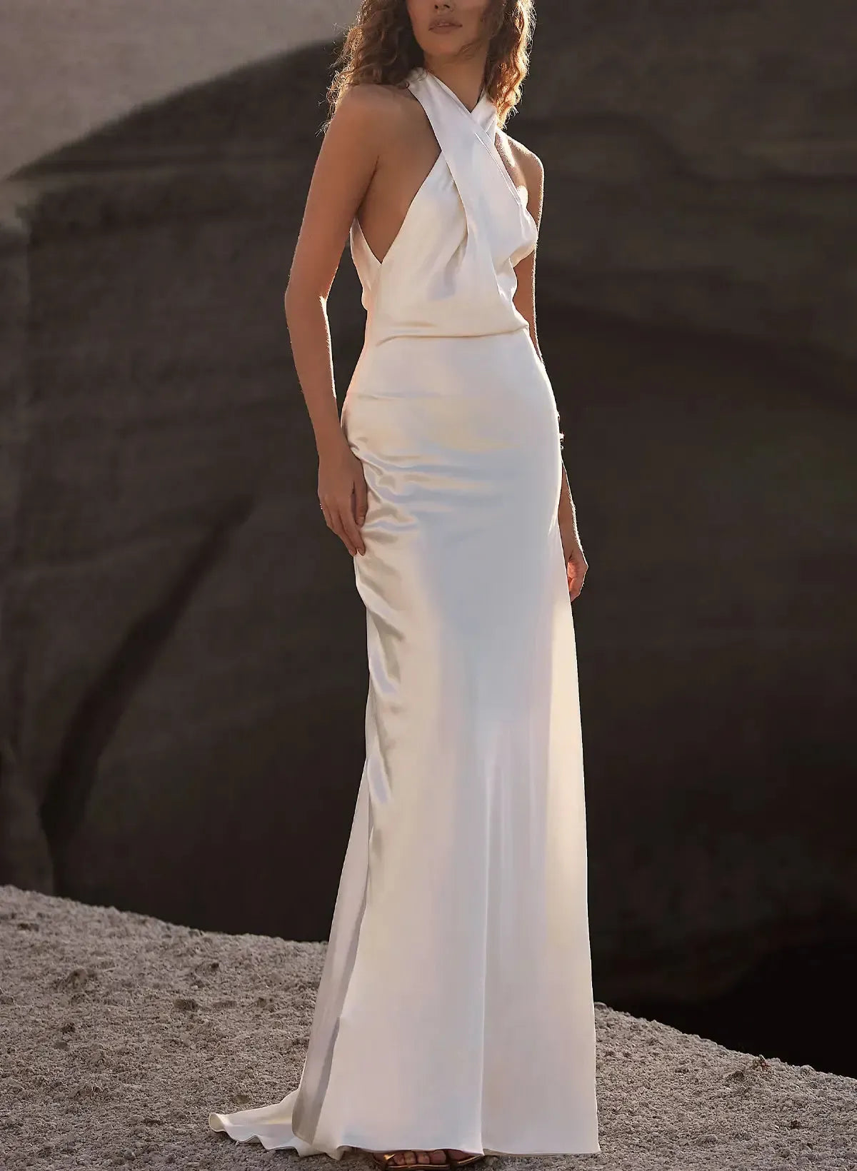 A Line Halter Neck Sleeveless Sweep Train Silk Like Satin Wedding Dress