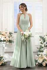 A-Line Halter Sleeveless Split Side Ruched Floor-Length Chiffon Bridesmaid Dresses