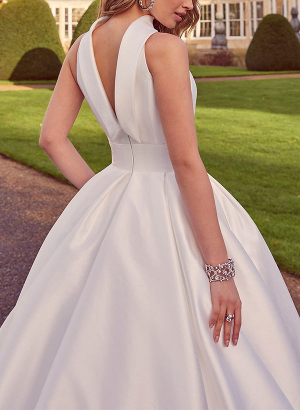 A Line Halter Sleeveless Sweep Train Satin Wedding Dress With Pockets