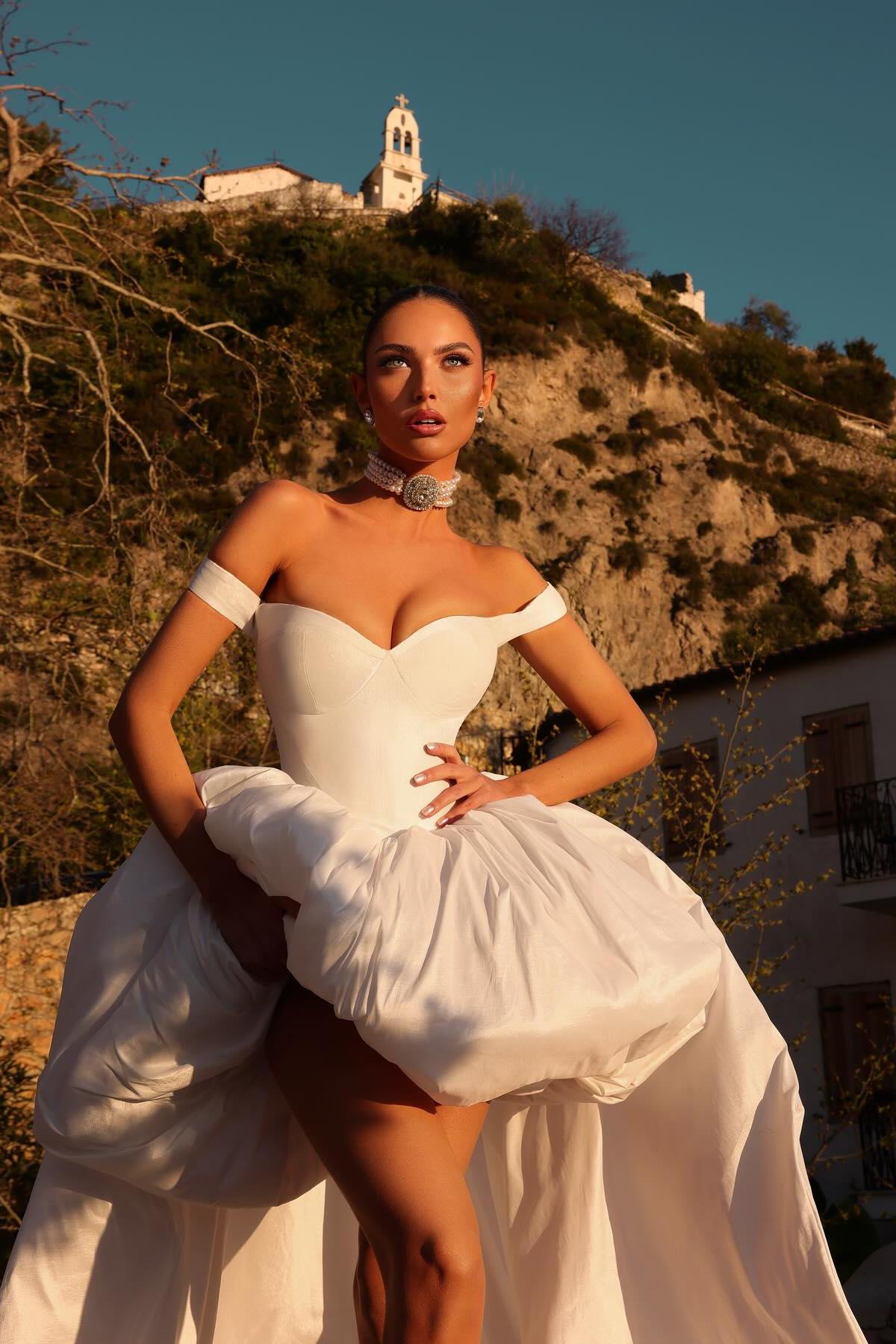 A Line High Low Wedding Dress Red Off the Shoulder Bridal Gown A Line High Low Wedding Dress Red Off the Shoulder Bridal Gown