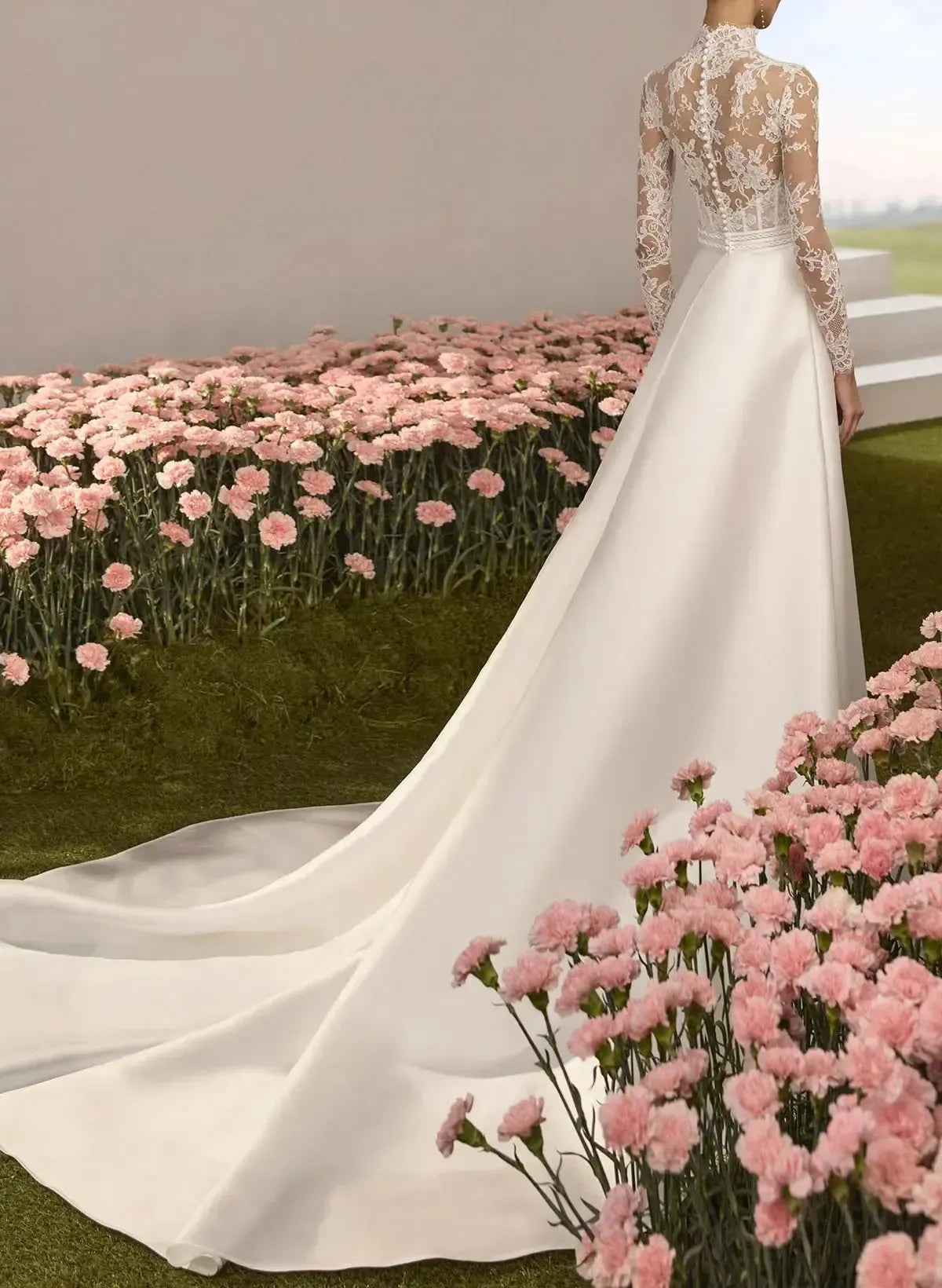 A Line High Neck Long Sleeves Chapel Train Lace Satin Wedding Dress with Overskirt