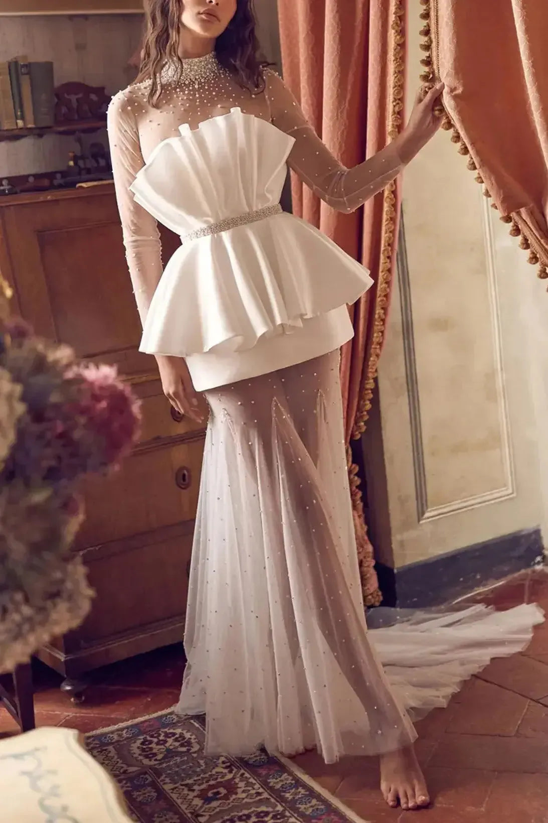 A Line High Neck Long Sleeves Court Train Satin Wedding Dress with Beading