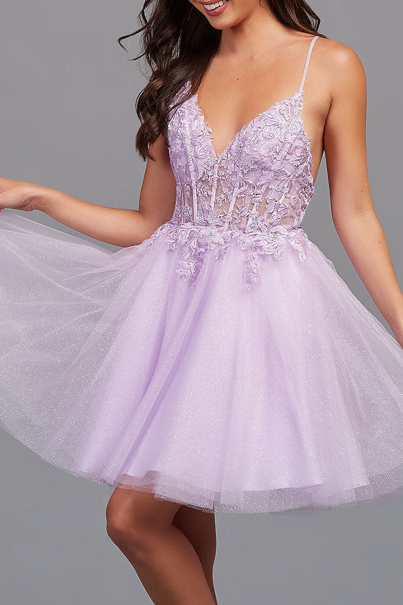 A Line Homecoming Dress Backless Tulle Appliqued Short Party Cocktail Dress