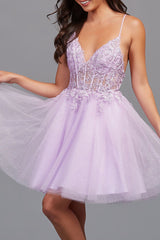A Line Homecoming Dress Backless Tulle Appliqued Short Party Cocktail Dress