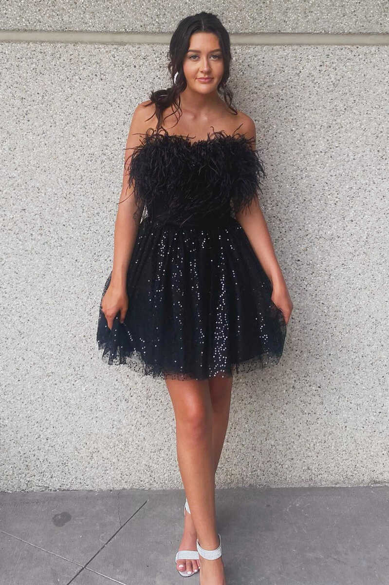 A Line Homecoming Dress Black Sequin Style Chic Feather Cropped Short Party Cocktail Dress