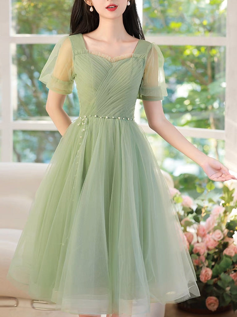 A Line Homecoming Dress Green Tulle Short Party Cocktail Dress