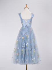 A Line Homecoming Dress Heart Dusty Blue Tea Length with Embroidery Party Cocktail Dress