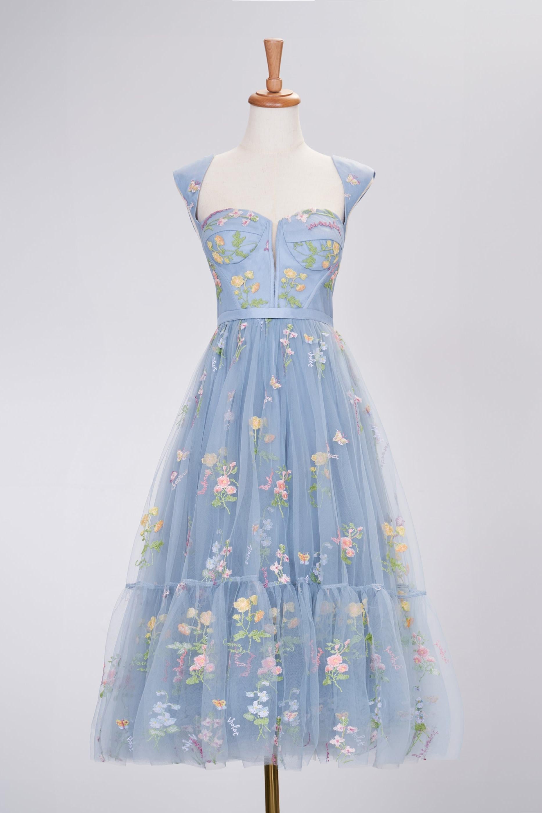 A Line Homecoming Dress Heart Dusty Blue Tea Length with Embroidery Party Cocktail Dress