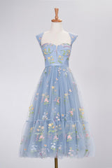 A Line Homecoming Dress Heart Dusty Blue Tea Length with Embroidery Party Cocktail Dress
