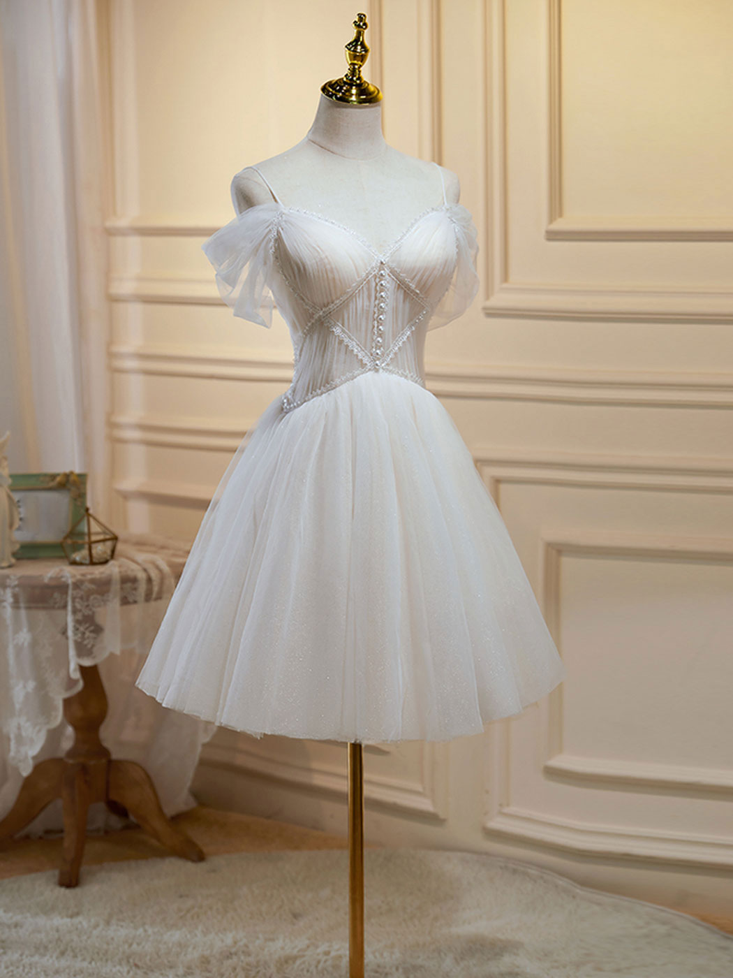 A Line Homecoming Dress Off Shoulder Mini Beige Short Party Cocktail Dress