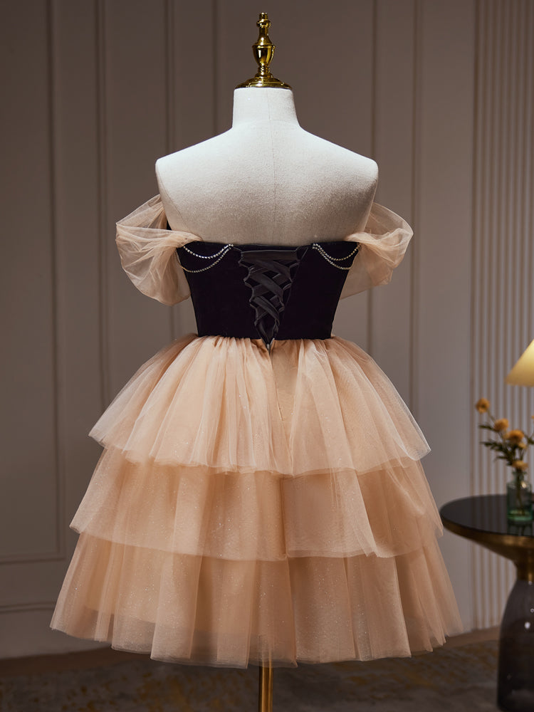 A Line Homecoming Dress Sweetheart Neck Tulle Champagne Short Party Cocktail Dress