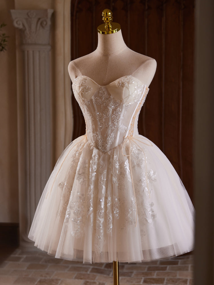A Line Homecoming Dress Sweetheart Neck Tulle Lace Champagne Short Party Cocktail Dress