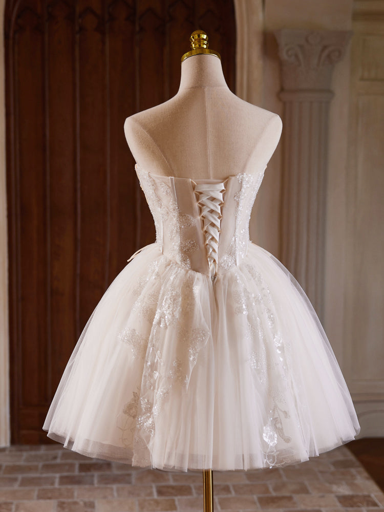 A Line Homecoming Dress Sweetheart Neck Tulle Lace Champagne Short Party Cocktail Dress