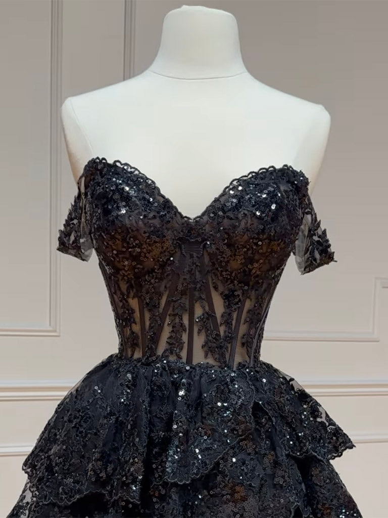 A Line Homecoming Dress Tulle Sequin Black Short Party Cocktail Dress