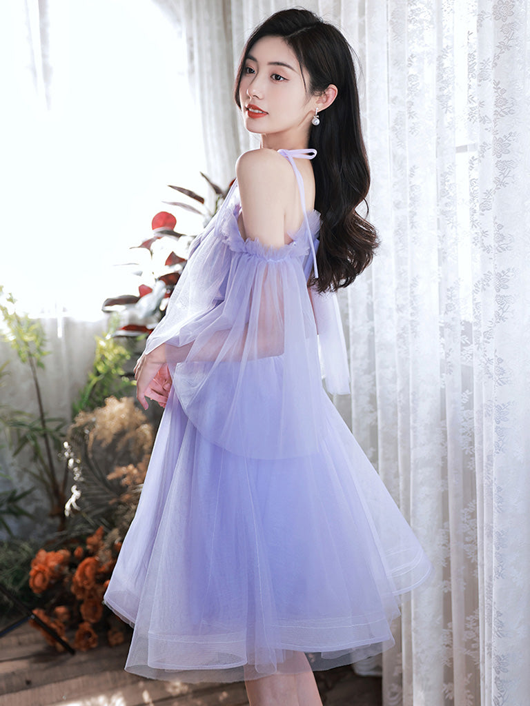 A Line Homecoming Dress V Neck Tulle Purple Short Party Cocktail Dress
