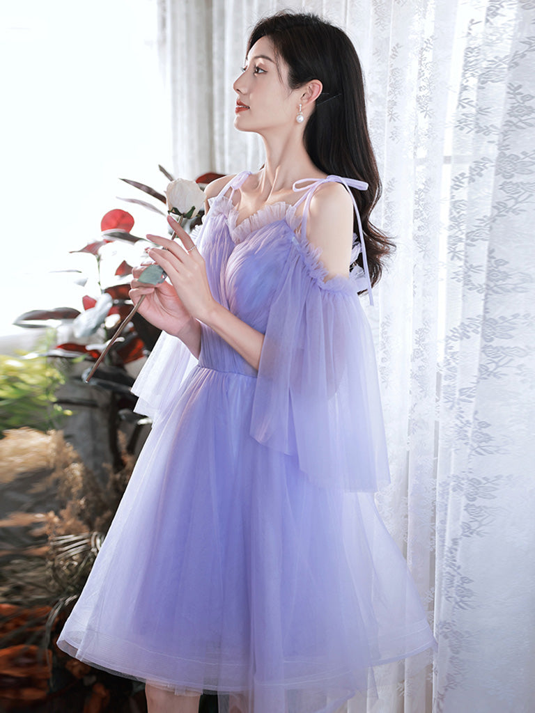 A Line Homecoming Dress V Neck Tulle Purple Short Party Cocktail Dress