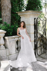 A Line Lace Scoop Sleeveless White Wedding Dress Long Bridal Gown With Appliques