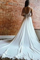 A Line Lace Spaghetti Straps Sleeveless White Wedding Dress Bridal Gown With Split Train