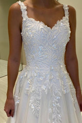 A Line Lace Sweetheart Sleeveless White Wedding Dress Long Bridal Gown With Appliques
