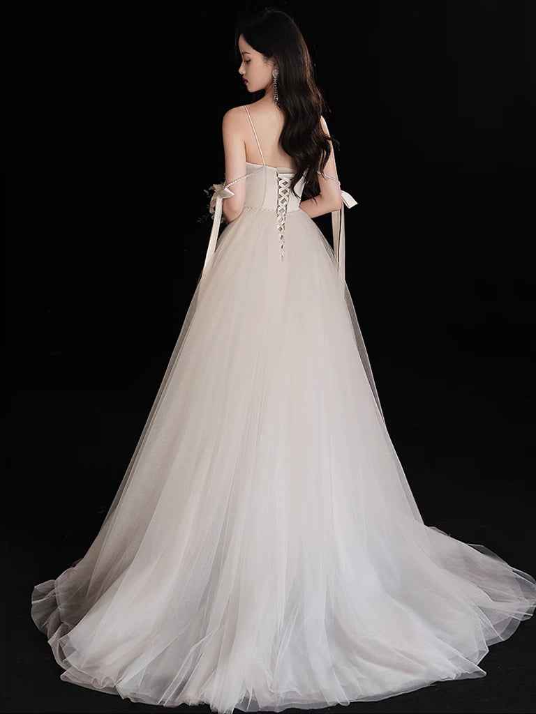 A Line Light Champagne Prom Dress Tulle Beaded Long Formal Gown Evening Dress