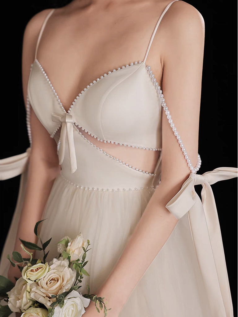 A Line Light Champagne Prom Dress Tulle Beaded Long Formal Gown Evening Dress