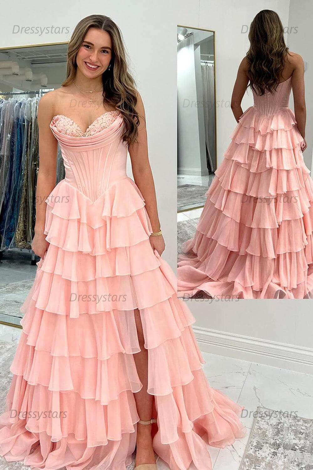 A Line Prom Dress Blue Strapless Tiered Corset Long Evening Dress