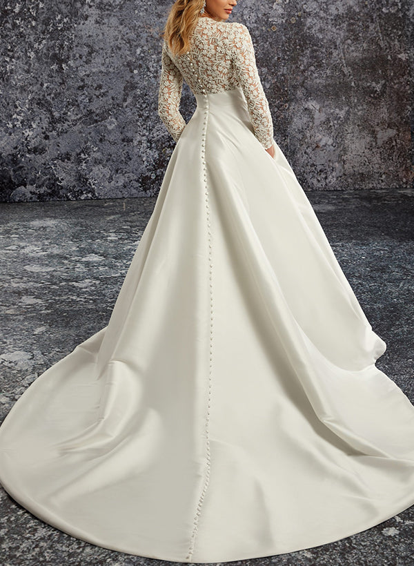 A Line Long Sleeves Court Train Lace/Satin Wedding Dress With Pockets