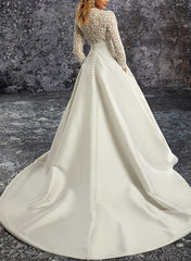A Line Long Sleeves Court Train Lace/Satin Wedding Dress With Pockets