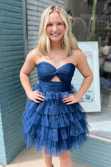 A-Line Navy Homecoming Dress Strapless Tiered Short Prom Dress