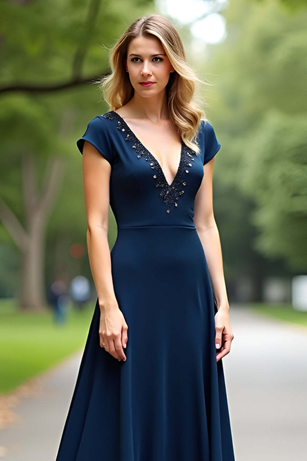 A Line Navy Wedding Guest Dress V-Neck Long Formal Dress With Cap Sleeves